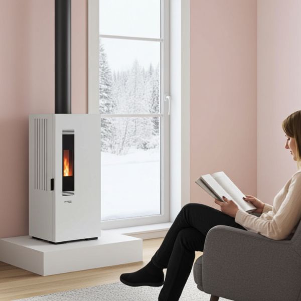 Estufa de Pellet Blanca MUNDOCLIMA BIOTHERM MILA 5kW Diseño Compacto y Eficiente - TU ULTIMO CLIC