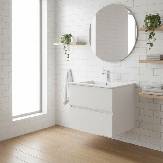 Mueble de Baño Suspendido Sevilla con Lavabo 80 cm Blanco – Estilo Moderno Sin Espejo Ingersoll 1892