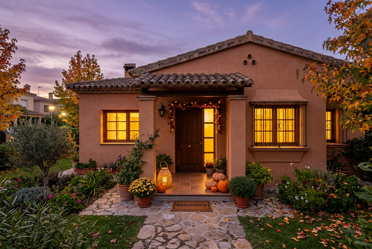 Casa acogedora al anochecer con calabazas en la entrada y luz cálida en las ventanas